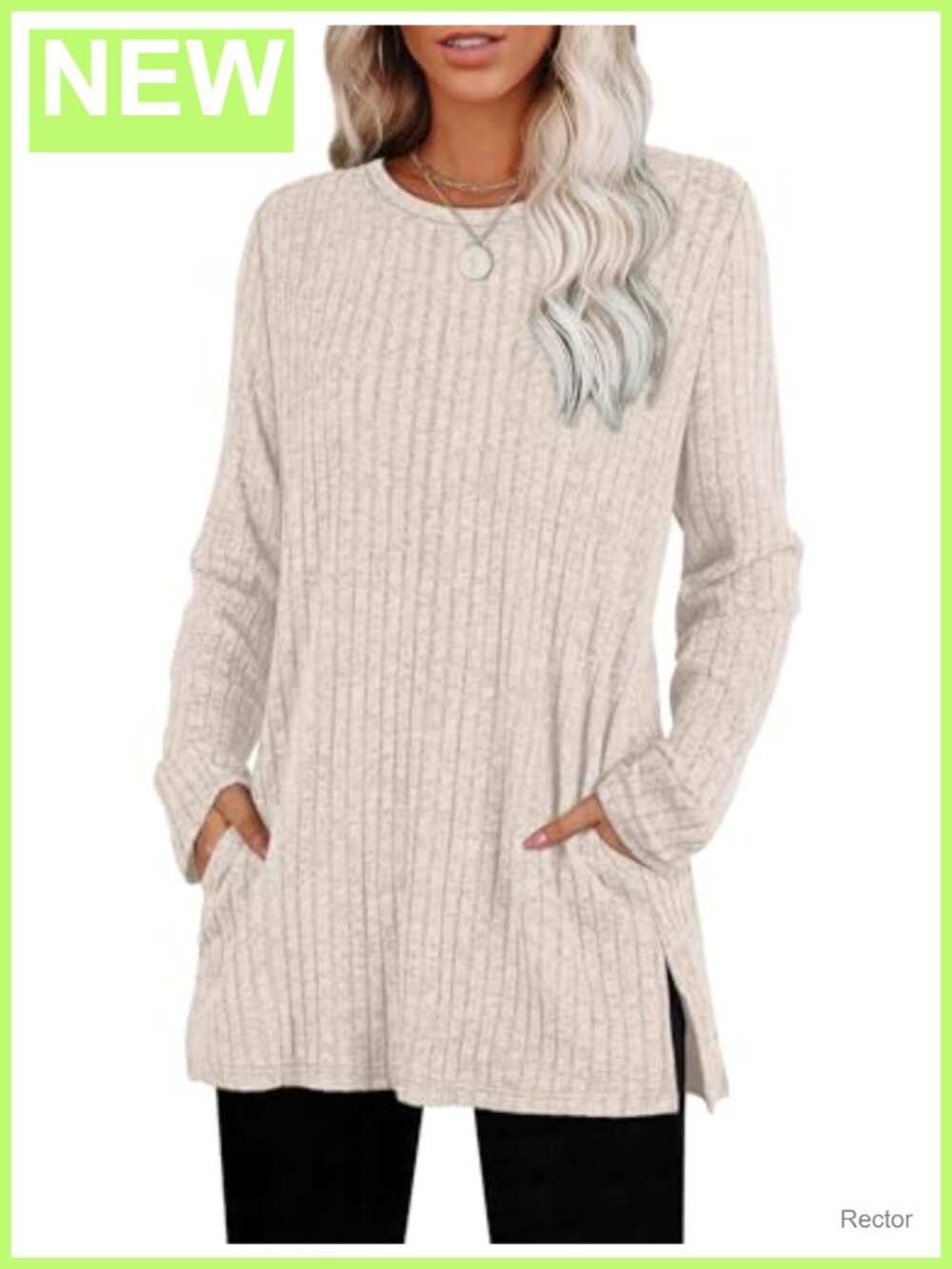 Womens Tunic Sweater Crewneck Long Sleeve Side Slit with Pockets